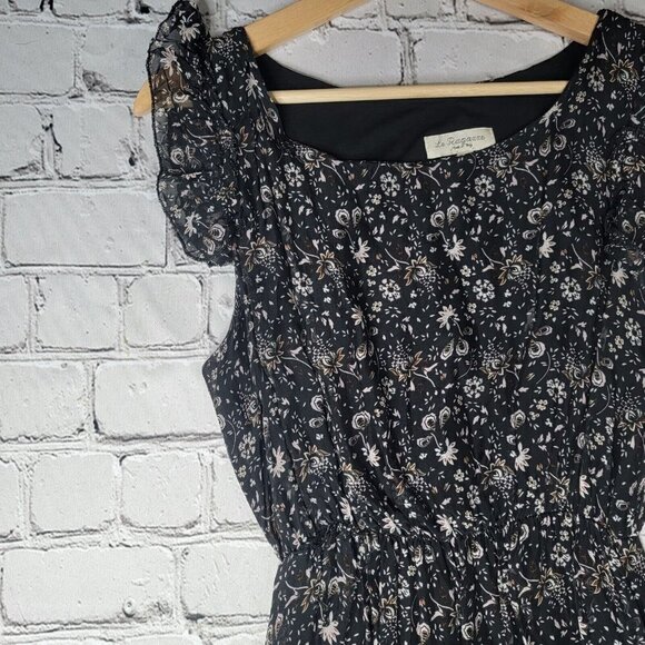 Le Ragazze Silk Black Small Floral Print Tiered Hem Ruffle Sleeve Maxi Dress Med - Picture 4 of 11